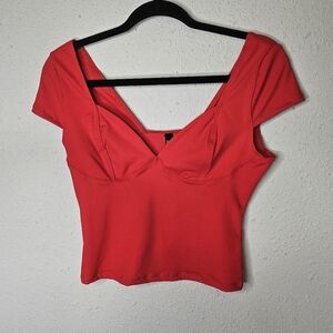 Red Top Sweetheart Neckline Womens Small Babydoll Fitted Short Sleeve Valentines